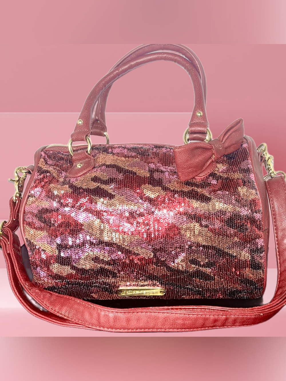 Betsy Johnson Sequin Bow Accent Women's Satchel Bag - Rose
